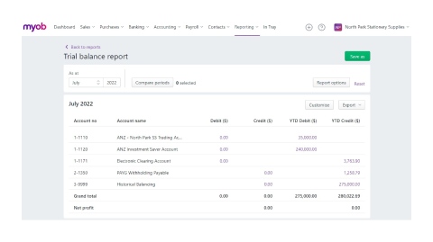 A screen shot of the Monthly management report page in MYOB