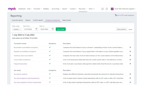 A screen shot of the reporting page in MYOB