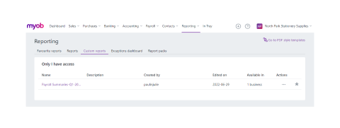 A screen shot of the MYOB reportiing page