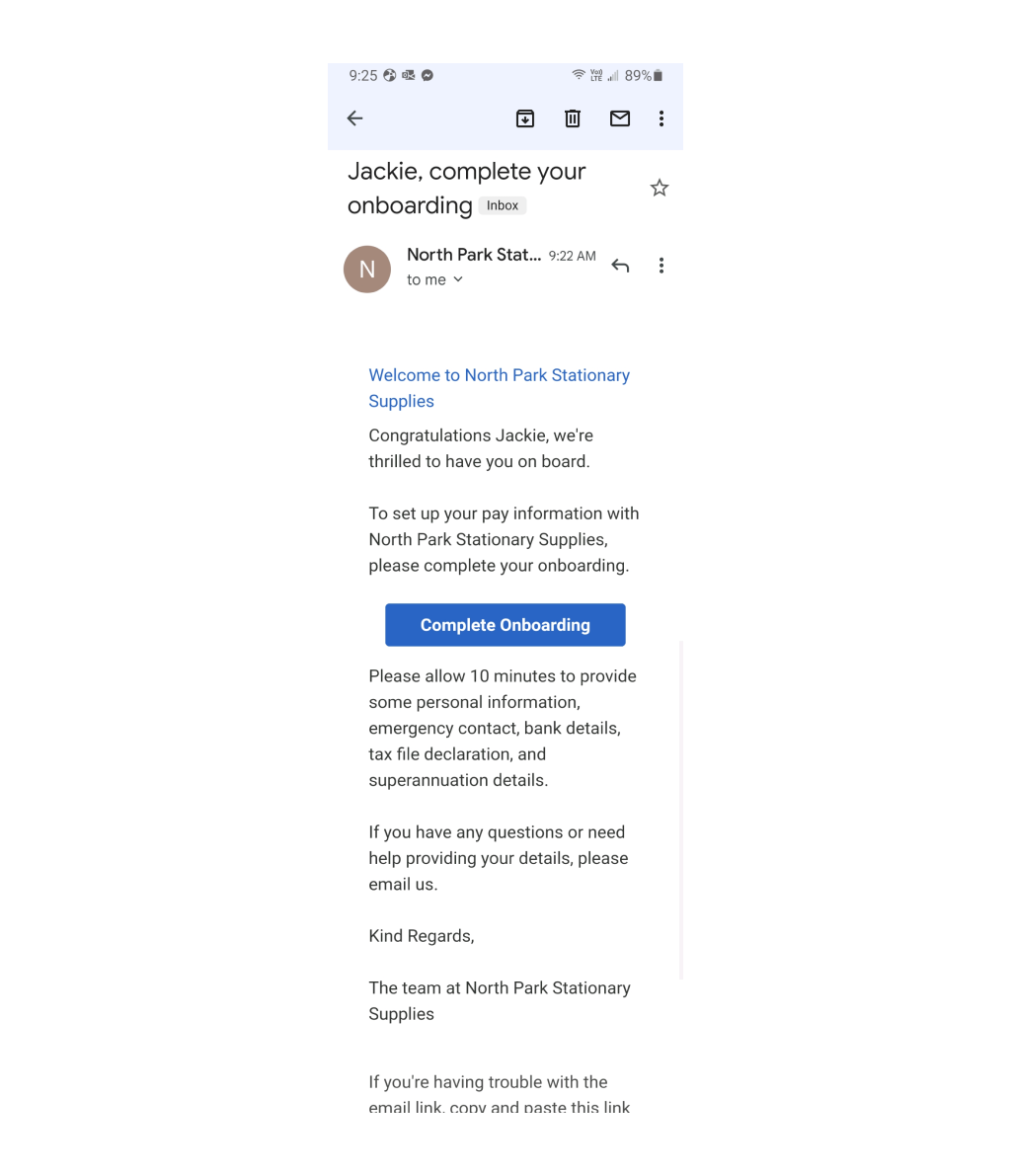 A screenshot of a onboarding email on a mobile phone