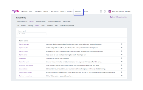 Ascreen shot of the MYOB reporting tab