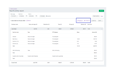 A screen shot of the payroll activity report page