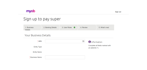 A partial screen shot of the MYOB pay super sign up page