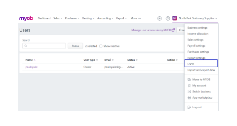 A screen shot of the MYOB users page