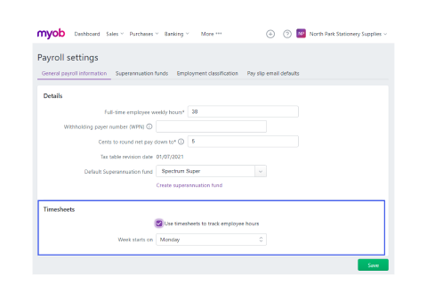 A screen shot of the payroll settings page in MYOB app