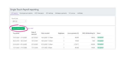 A screen shot highlighting the send update event button in the single touch payroll reporting page