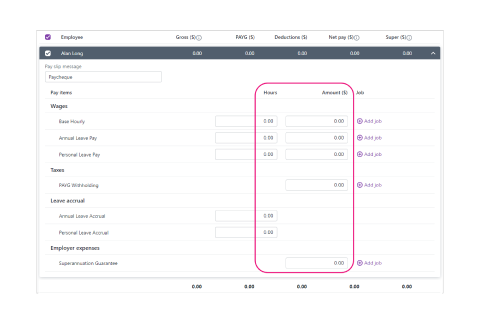 A screens hot highlighting the hours and amount columns in the employee information page