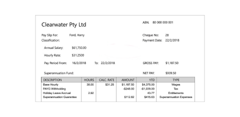 An example of part of a pay slip generated by MYOB Business for their example employee, Harry Ford