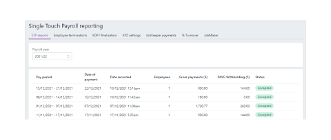 A screen shot of the single touch payroll reporting page in MYOB