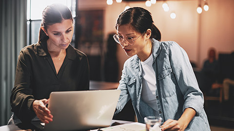 A pair of business colleagues discussing a document on a laptop