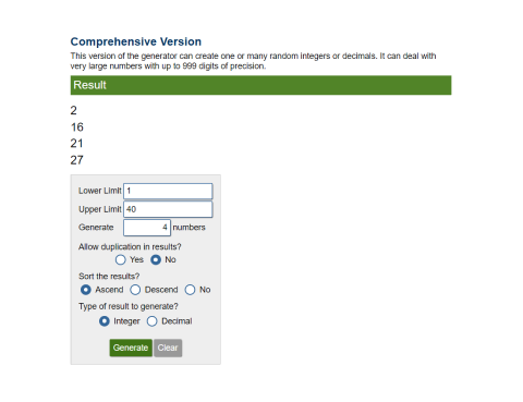 a screenshot of a random number generator and results for 1-40 limit to generate 4 numbers