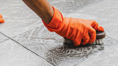 A close view of a person scrubbing the floor in an animal care facility