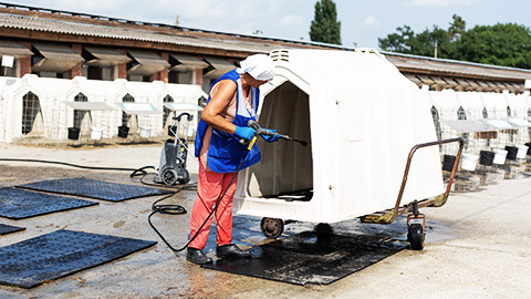 a person cleaning animal houses