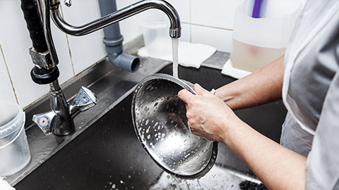 A person cleaning animal care equipment