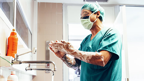 A vet washing his hands before surgery