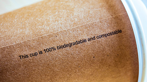 A close shot of a biodegradable, compostable coffee cup