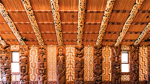 The interior of a Maori meeting house in Waitangi, New Zealand