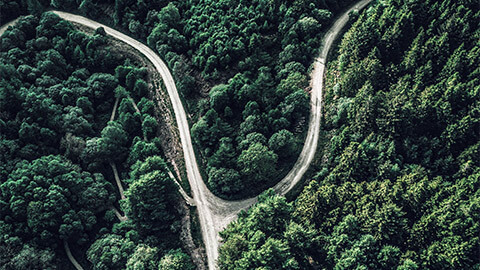 A birdseye view of a fork in the road, indicating two different paths that could be taken