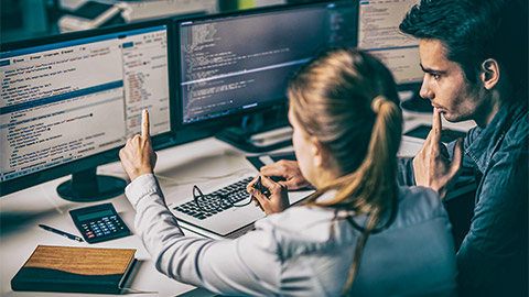 Two developers seated at a desk, paired up to resolve a bug in a piece of software