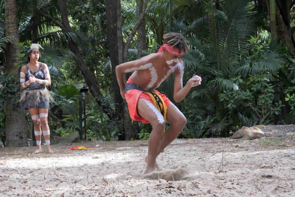 Young adult Indigenous Australian man dancing in Queensland, Australia.