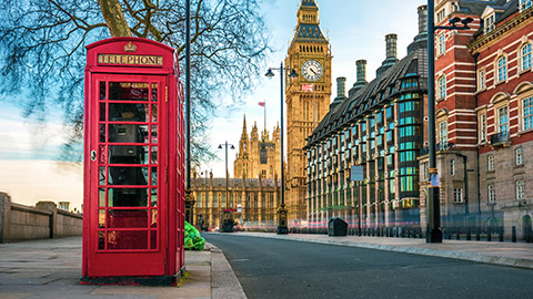 london streetscape with iconic red phone box