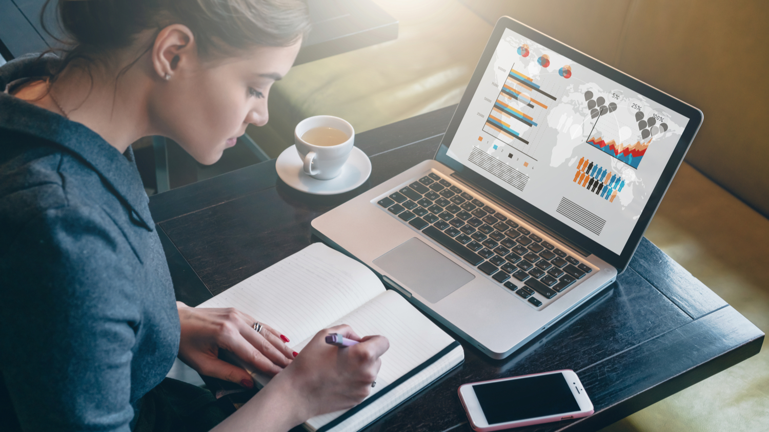 Side view. Young business woman sitting at table and taking notes in notebook. On table is laptop, smartphone and cup of coffee.