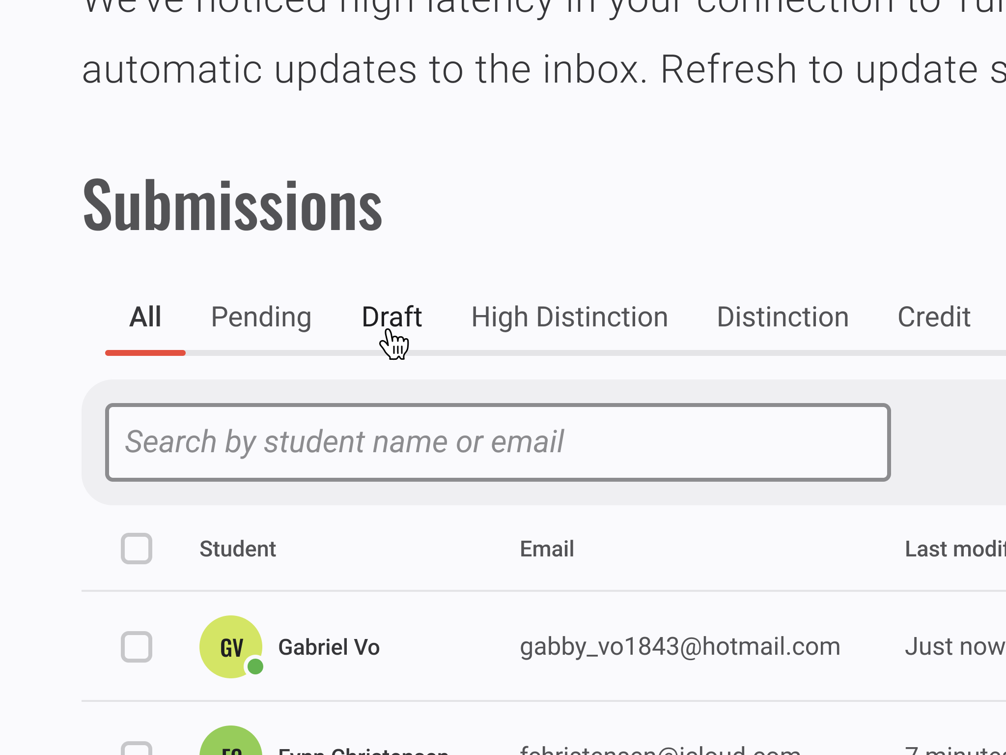 An example of the Submission Overview UI