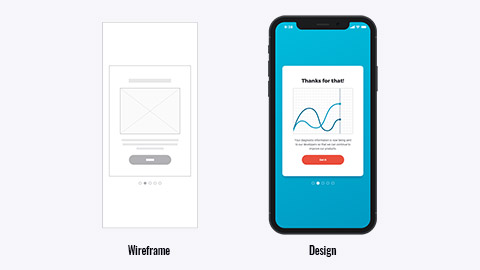 Wireframe and final design showing design process