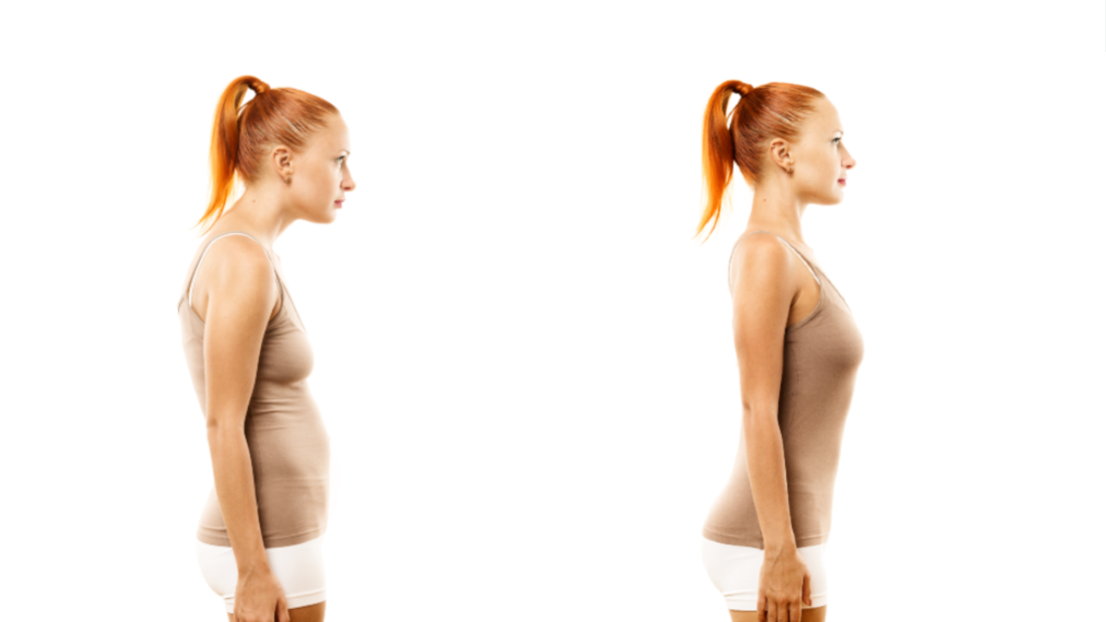 Woman demonstrating bad and good posture, in particular forward head