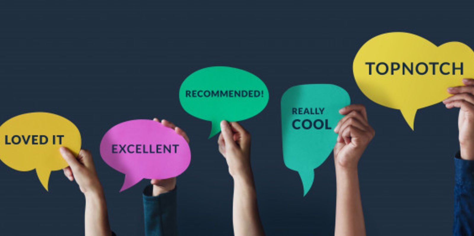 client satisfaction survey positive reviews in speech bubbles