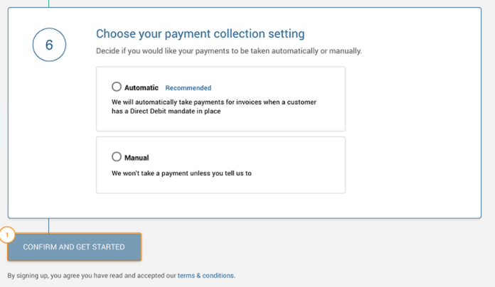 Screenshot of the Xero interface showing step 6- payment collection settings