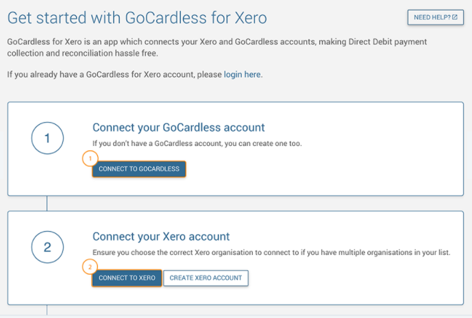 A screenshot of the Xero interface showing steps 1 and 2