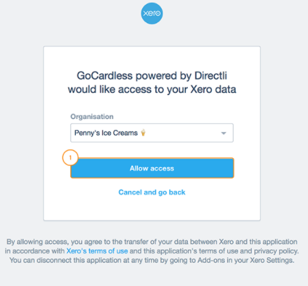 Screenshot of dialogue window showing GoCardless accessing Xero data