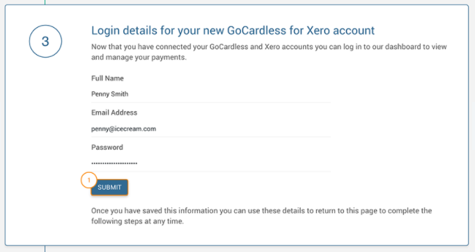 A screenshot of the Xero interface showing step 3- login details.