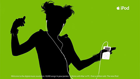 Famous Apple iPod ad featuring a silhouette on colourful background